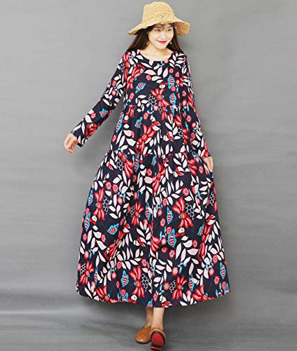Women Casual Loose Long Maxi Swing Dress Bohemian Floral Printed Long Sleeve Round Neck/Pockets EK6 (L, EK6 As Picture92-Long Sleeve)