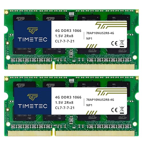 Timetec Hynix IC 8GB �L�b�g (2x4GB) DDR3 1066MHz PC3-8500 �o�b�t�@�Ȃ� ��ECC 1.5V CL7 2Rx8 �f���A�������N 204 �s�� SODIMM ������ RAM ���W���[�� �A�b�v�O���[�h (8G