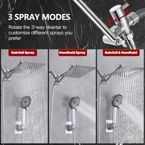 Image of Shower Head,12 inch High Pressure Shower Combo,Rainfall Shower System with Handheld Spray,All Metal 3-Way Diverter & 6ft Hose,Anti-Clog Nozzles,Easy to Install in Bathrooms-Silver Chrome