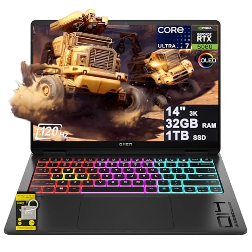 Image of HP Omen Transcend 14 Gaming AI Laptop 14 inch 3k OLED 120Hz (100% DCI-P3, HDR 500nits) Intel 16-core Ultra 7 255H 32GB RAM 1TB SSD GeForce RTX 5060 (Up to 572 AI Tops) RGB Backlit HyperX Win11 ICP Hub