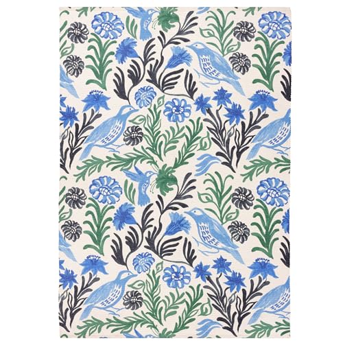 furn. Alentejo Rug – Indoor/Outdoor Watercolour Floral Bird Washable Weather Resistant Flatweave Rug (Ocean - 120x170cm)