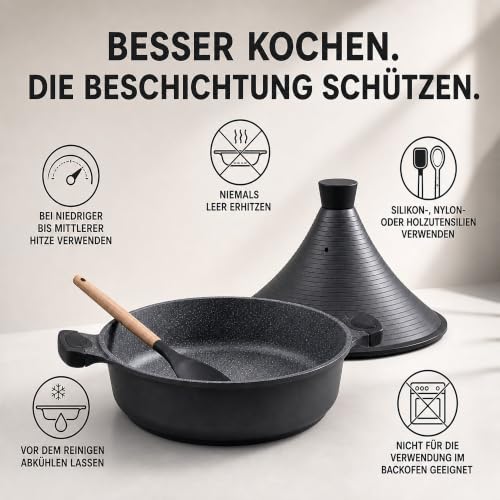 Foto von Tajine Topf Induktion 28cm/4,2L – Marokkanischer Tagine Guss-Aluminium – Für alle Herdarten (Induktion, Gas, Ceran) Keramik Antihaft – Kein Rosten, Kein Zerbrechen – Für 4-6 Personen (Schwarz)