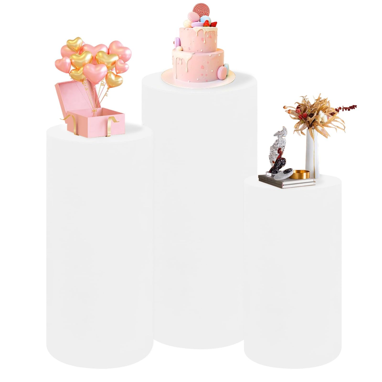 BaiWon Spandex Cylinder Pedestal Stand Covers Set of 3 | 11 Colors Pedestal Stand Covers Cylinder Stretch Plinth Cover Elastic Pillar Covers for Wedding Props Party Event Decor(White,Small)