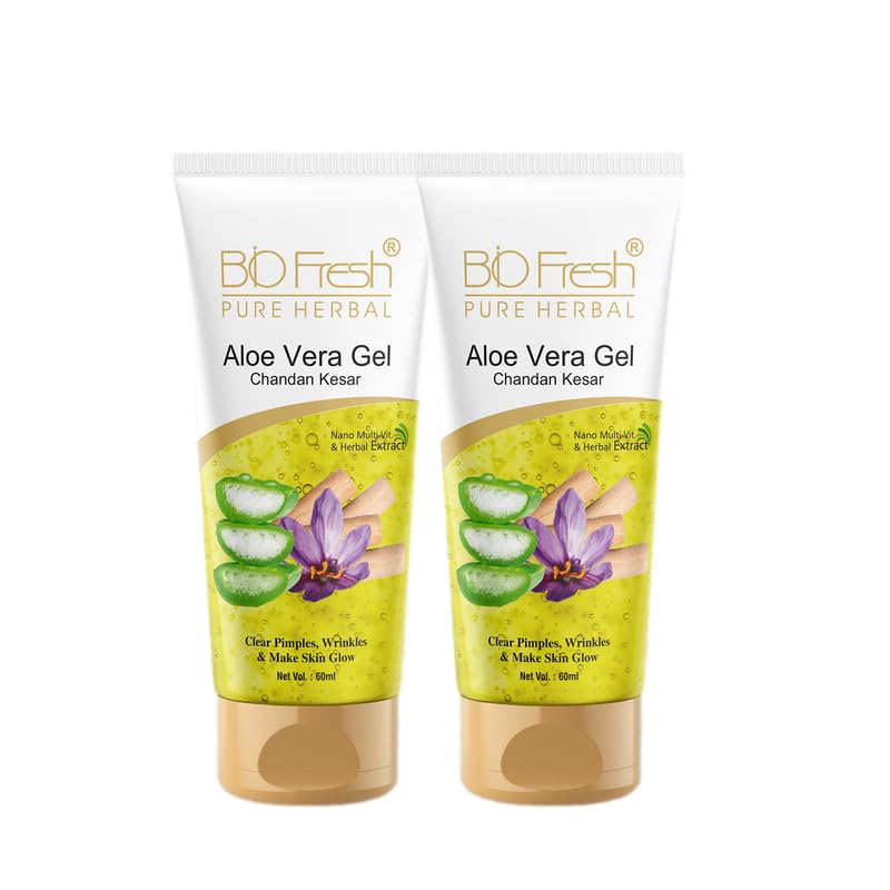 Image of BIOFRESH HERBALS Aloe Vera Gel - 60ml with Chandan Kesar Face Gel Multipurpose Gel for Skin and Hair with Nano Multi-Vit Extract Non-Sticky Anti-Acne Skin Care (Pack of 2)