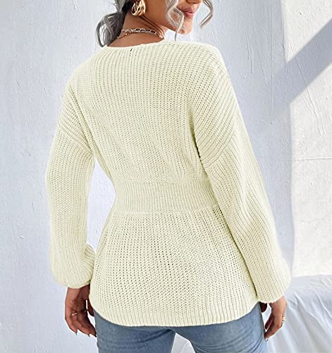 Image of Veatzaer Womens V Neck Sweaters Fall Trendy Casual Long Lantern Sleeve Ribbed Knit Pullover Sweater Tops