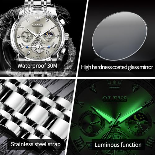 Image of OLEVS Watches Men Waterproof Luxury Big Face Mens Watch Stainless Steel Quartz Analog Dress Watches for Men Luminous Multifunction Man Watch Relojes De Hombre