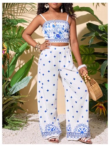 Image of Floerns Girl's 2 Piece Outfit Hawaiian Tropical Crop Cami Tops and Boho Pants Set