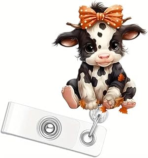 Fall Bow Cow Badge Reel Cute Spot Retractable Alligator Badge Clip for Nurse Doctor Brown Sitting Bow Badge Holder for Nursing Name Tag ID Card Decoration