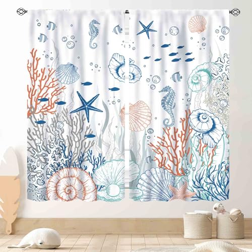 TKUYO Coastal Curtains, Beach Theme Nautical Sea Turtle Starfish Seashell