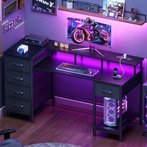 Image of Korfile 47 Inch Gaming Desk with Power Outlets and LED Lights, Reversible Computer Desk with 5 Fabric Storage Drawers, Home Office Desk with Monitor Stand for Working Writing Study, Black
