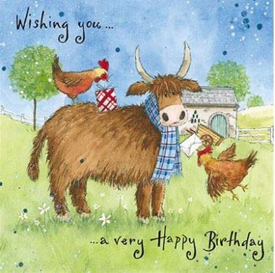 Lovely Artistic Open Birthday Card From the Range (PH-FYCH0007) - Highland Cow, Hens and Presents - Greeting Card for Him/for Her - Designed by Tim Mason