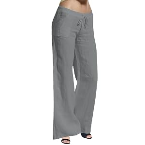 Generic Womens Summer Drawstring Waist Wide Leg Cotton Loose Linen Palazzo Pants Plus Size Lightweight Lounge Pants with