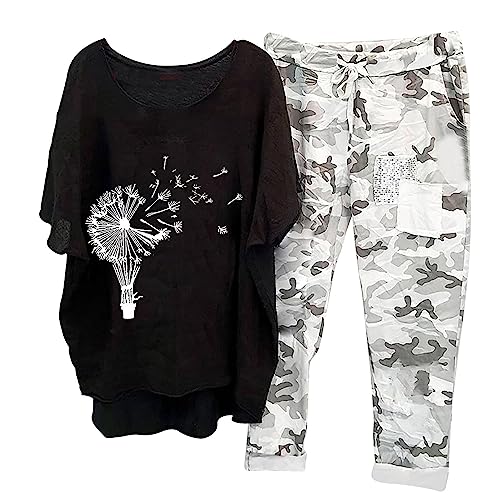 Conjunto de lino para mujer, trajes de dos piezas, camisetas de media manga y cómodos pantalones de pierna ancha de camuflaje con bolsillo, trajes de vacaciones de verano, conjuntos de descanso, Black
