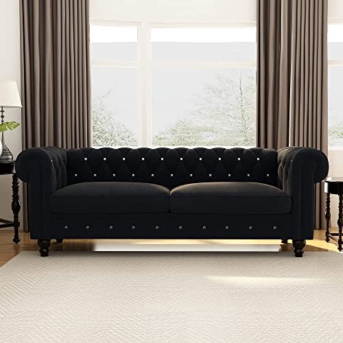 Image of Dime Store Wooden Chesterfield Sofa 3 Seater with Button Tufted Design Solid Wood Frame Upholstered Couch with Rolled Arms | Luxury Living Room Sofa for Home, Office, Lounge & Reception (Black)