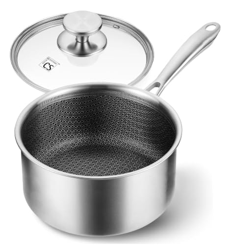 KOCH SYSTEME CS 4 Quart Saucepan With Lid Hybrid Nonstick Stainless Steel Saucepan Tri-Ply Stainless Steel Pot 4QT Stainless Steel Sauce Pan with Honeycomb Interior Large Saucepan Induction Ready