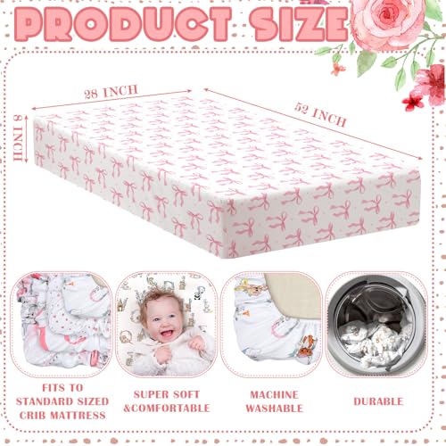 Image of Peryiter 4 Pack Crib Sheets Girl Soft Baby Bed Sheet Set 52'' x 28 inch Nursery Crib Sheets for Standard Bed for Nursery Decor Baby Boys or Girls(Pink,Coquette Bow)