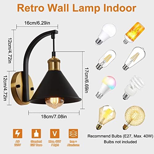 ENCOFT Wall Light Vintage Black and Gold Wall Lamp Indoor Retro Gooseneck Wall Sconce E27 Industrial for Bedroom, Living Room,Stairs (Not Included Bulbs)