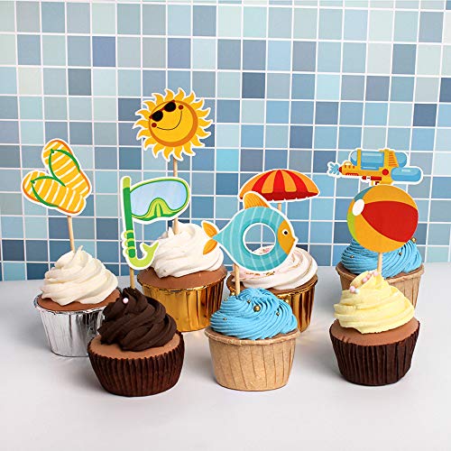 Ercadio 28 Pack Summer Beach Hawaii Cupcake Toppers Sun Umbrella Ball Diving Goggles Water Gun Slippers Cupcake Picks Baby Shower Hawaii Pool Theme Birthday Party Cake Decorations #TOP3