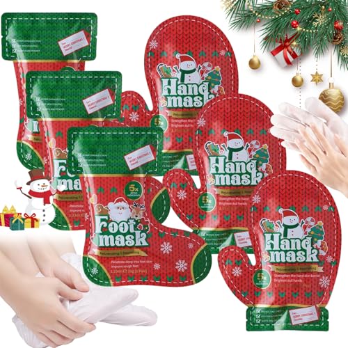 Christmas Hand & Foot Mask Skin Care Set, 3 Pairs Hand Mask Gloves & 3 Pairs Foot Mask Socks Moisturising Self Care Gift for Women & Men, Hydrating & Repairing Treatment for Dry Cracked Skin