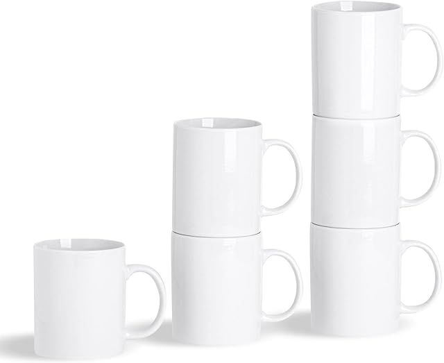 Argon Tableware 12x White Traditional Straight Sided Tea Mugs - 285ml (10oz) - Large Porcelain Latte Coffee Cups Set - Dishwasher and Microwave Safe