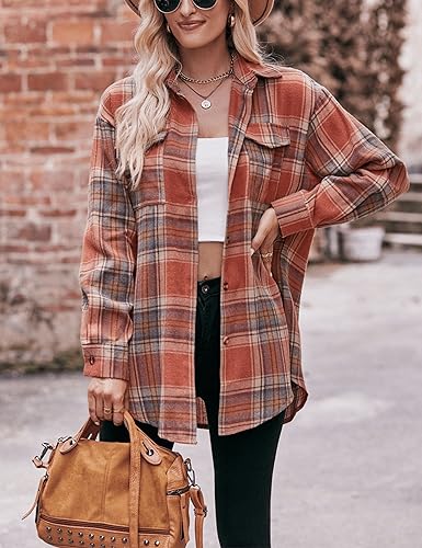 Womens Oversized Flannel Plaid Shirts Casual Button Down Blouse Tops with Pockets2