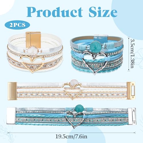 COAUXOG 2Pcs Boho Bracelets Woven Leather Multi-Layer Wrap Bracelet with Heart and Rhinestones,Versatile Stackable Jewelry Cuff Bracelet for Women (White+Lake Blue) by COAUXOG - Used condition - Image 2