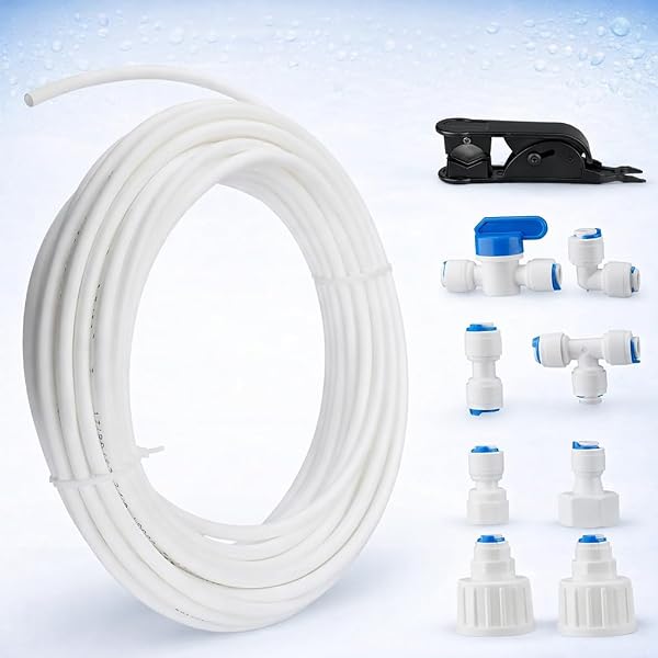 Kit de Frigo Tuyau D'alimentation en Eau Universel 15M,incluant pipe a eau (6,35mm) et accessoires pour systèmes d'osmose inverse, adapté pour réfrigérateurs, systèmes d'osmose inverse et aquarium - 1