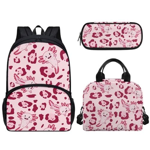 Set di 3 borse per la scuola per bambini e ragazze grande capacità con cerniera a spalla contenitore per il pranzo a tenuta stagna portapranzo Axolotl