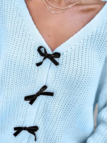 Image of CUPSHE Womens Sweaters Bow Sweater Neck Casual Long Sleeve Lightweight Crochet Pullover Sweater Tops