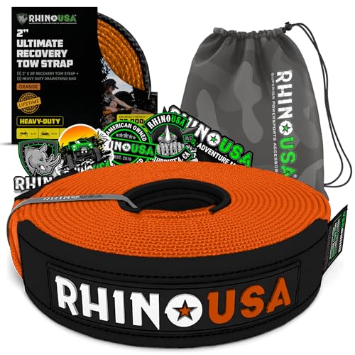 Image of Rhino USA Recovery Tow Strap (2 inchx20')-20,024lb Break Strength- Emergency Recovery Strap Tow Rope for UTV, ATV & More-Heavy Duty Towing Strap for Offroad 4x4 Use-Compatible with RZR and Can-Am (Orange)