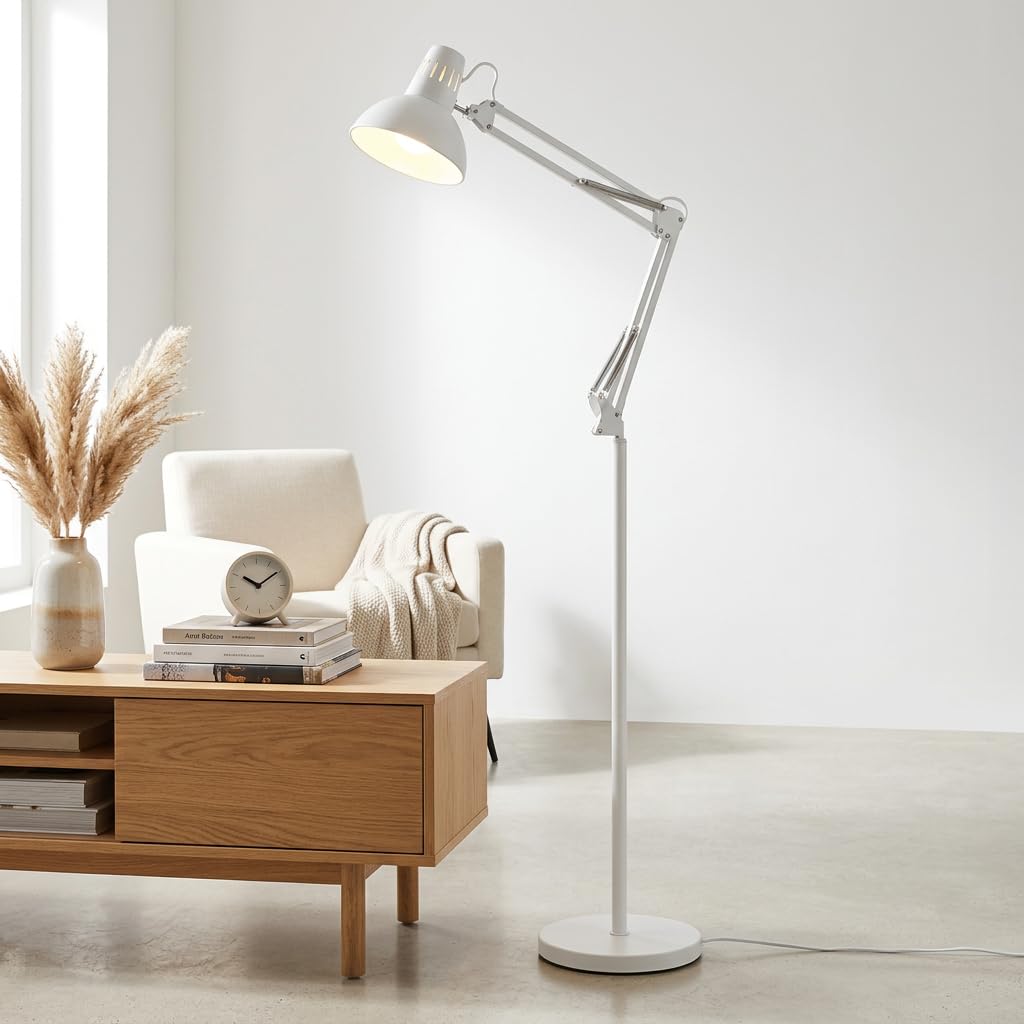 MAKA Lampada da Terra Moderna Piantana per Soggiorno Luce Lettura Orientabile Metallo Presa E27 Lampada da Ufficio Design Minimalista Illuminazione Interni Base Stabile 28x28x115cm 5kg (Bianco)