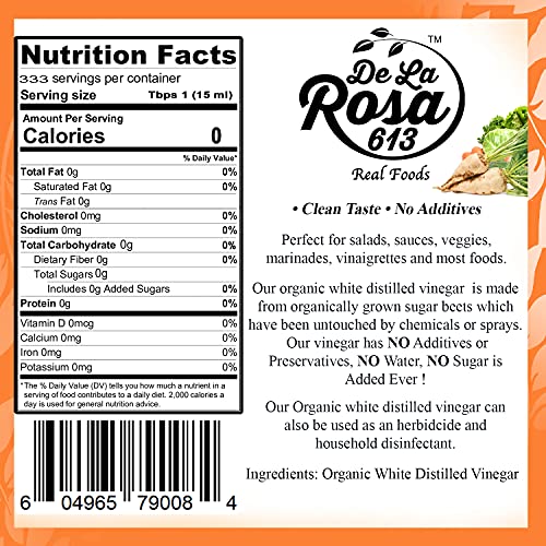 ORGANIC Distilled White Vinegar - De La Rosa 5 Liter - Raw & Unfiltered | Vegan, Gluten Free, Kosher | Great for salads, dressings, marinades and more!