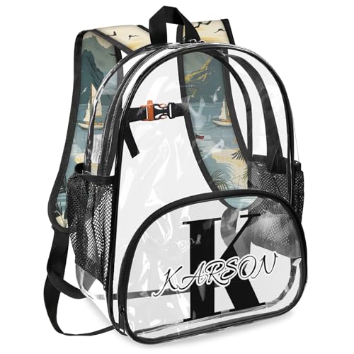 Personalized Large Clear Backpack Stadium Approved Heavy Duty PVC Plastic Custom Ocean Theme Transparent Backpacks See Through Bag with Name, Beach Palm Tree Ship2