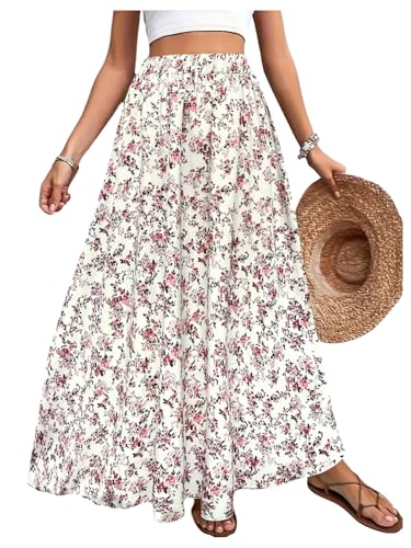 MakeMeChic Women's Floral Flowy Skirt Boho Elastic High Waist Long Skirt A Line Fall Skirts
