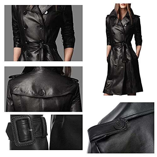 Women Designer Black Trench Leather Long Coat With Belt Trench Coat Slim Fit Style For Ladies (Large) #TOP3