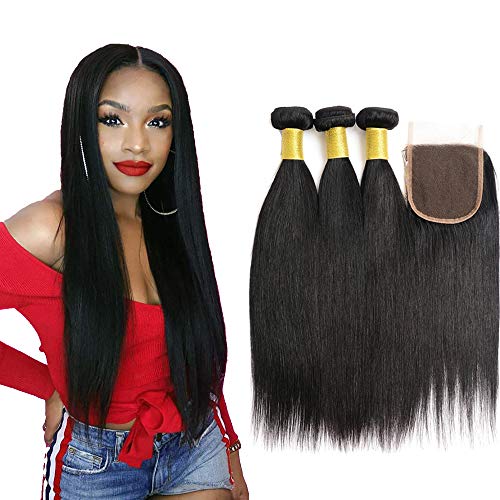 Brazilian Straight Virgin Human Hair 3 Bundles With Closure 100% Unprocessed Straight Human Hair Weave Extensions With 4X4 Free Part Lace Closure(22 24 26 with 20)