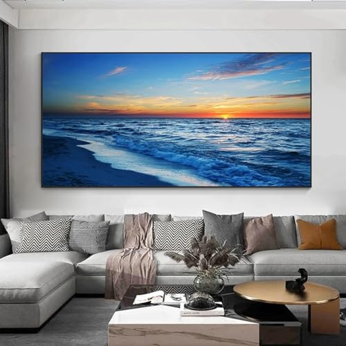 Décoration maison tableau coucher de soleil mer salon 55x110