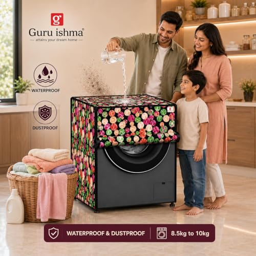 Image of GURU ISHMA Front Load Fully Automatic Washing Machine Cover for 8.5kg to 10kg | Waterproof & Dustproof Polyester Cover with Zip Closure | Suitable with Samsung, IFB, LG, Bosch & More (67 x 67 x 87 cm)