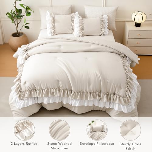 Image of QSH 3PCs Wheat White Ruffled Comforter Queen Size,Farmhouse Shabby Boho Chic Ruffle Bedding Comforter Set Queen Ultral Soft Microfiber Lightweight Vintage Rustic Comforter Set with Pillowcases