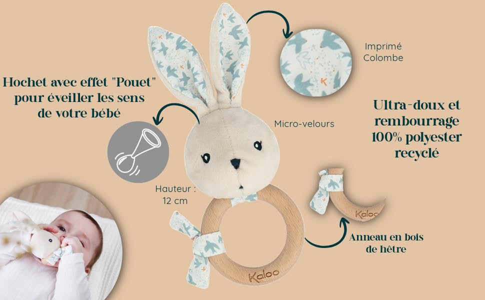 Kaloo - Baby Gift Set - 3 Pieces : 22 cm Rabbit Soft Toy + Rattle + Pacifier Clip - Pretty Dove Print - from Birth - K390042 - Image 3