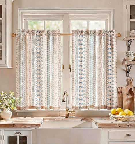 Miss Adola Boho Kitchen Tier Curtains - 36 Inch Length Linen Blend Cafe Curtains Farmhouse Small Window Treatments Over Sink Rod Pocket for Bathroom Living Room Light Filtering, 2 Panels