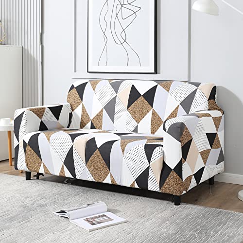 Image of HOKIPO Elastic Stretchable Double Seater Sofa Cover, Grey Brown Geometric (AR-4094-D9)