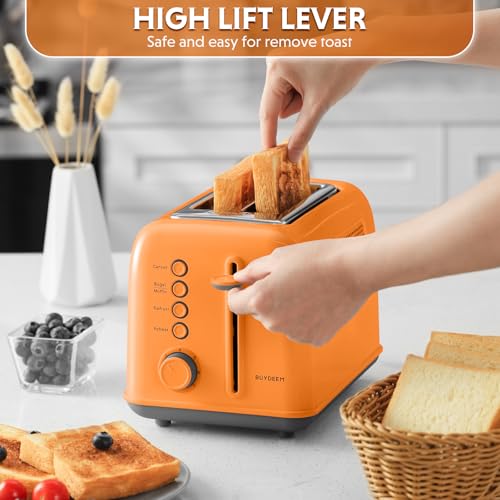 Image of BUYDEEM DT620 2-Slice Toaster, Extra Wide Slots, Retro Stainless Steel with High Lift Lever, Bagel and Muffin Function, Removal Crumb Tray, 7-Shade Settings,Orange