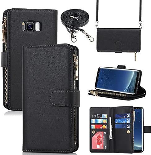 Hamany Samsung Galaxy S8 Zipper Wallet Case - Case with 6 Card Holder - [Lanyard + Kickstand] for Women and Men - Galaxy S8 Flip Cell Phone case - Faux Leather - Folio Cover - Black