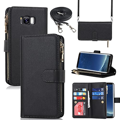 Hamany Samsung Galaxy S8 Zipper Wallet Case - Case With 6 Card Holder - [Lanyard + Kickstand] For Women And Men - Galaxy S8 Flip Cell Phone Case - Faux Leather - Folio Cover - Black #TOP2