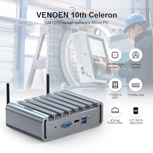 Image of VENOEN Firewall Micro Appliance Celeron J4125, Fanless Firewall Mini PC 2.5gbe, i225 NICs 4 LAN Port, HD, VGA, WiFi, SIM-Slot, 8GB DDR4 RAM 128GB SSD, Small Server PC Router PC, AES NI, WatchDog