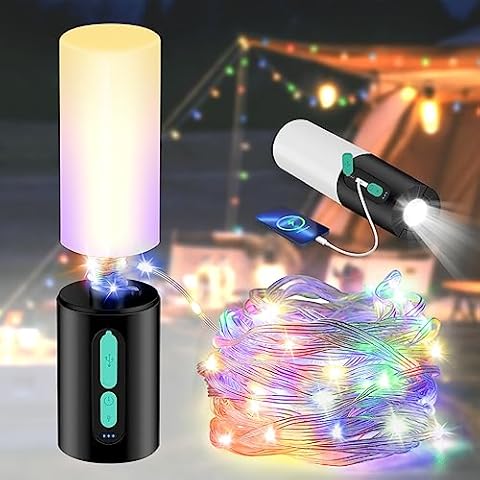 Color String Lights + Camping Lantern Flashlight: 33FT Camping String Lights with 4000mAh Power Bank, Waterproof LED Camping Lights, Portable Tent Lights for Camping Power Outage Emergency Home Cover