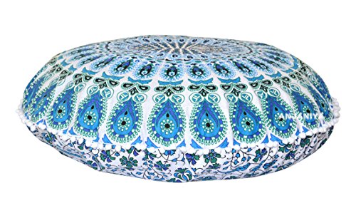 Anjaniya - 32" Peacock Mandala Bohemian Yoga Meditation Floor Pillow Cover Comfortable Home Car Bed Sofa Cushion Couch Seating Large Zipped Throw (Turquoise, 32" Round) #TOP1