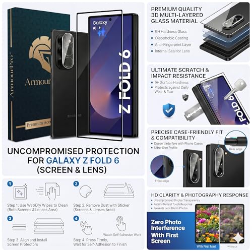 Image of ArmourPro Tempered Glass and Clear Camera Lens Protector for Samsung Galaxy Z Fold 6, Edge to Edge Screen Guard, Anti-Bubble, Scratch Resistant, Anti-Fingerprint, Installation Kit | Clear