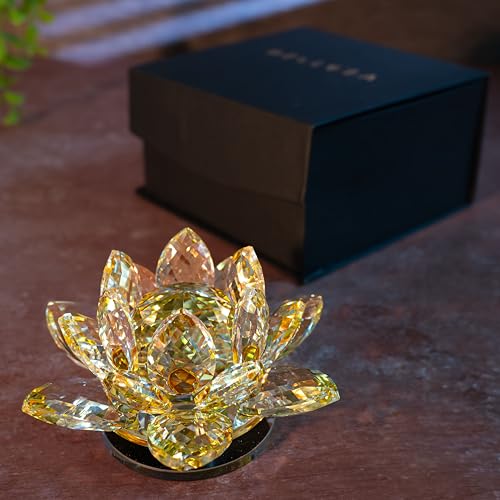 Image of Feng Shui Crystal Lotus Flower Showpiece & Paper Weight | Vastu Decor for Home & Office | Desk Decoration | Fengshui Items for Home Decor, Good Luck & Gifting | Yellow (Medium-10.5 x 5.5 CM)